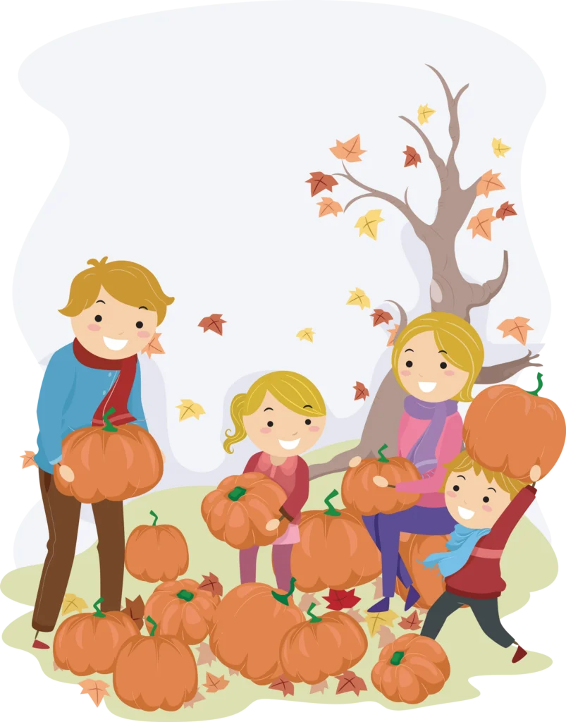 Heartwarming Autumn Pumpkin Patch Family Clipart Scene with Falling Leaves