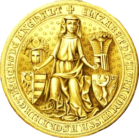 Medieval Golden Royal Seal Clipart Depicting Regal Central Figure with Heraldic Shields