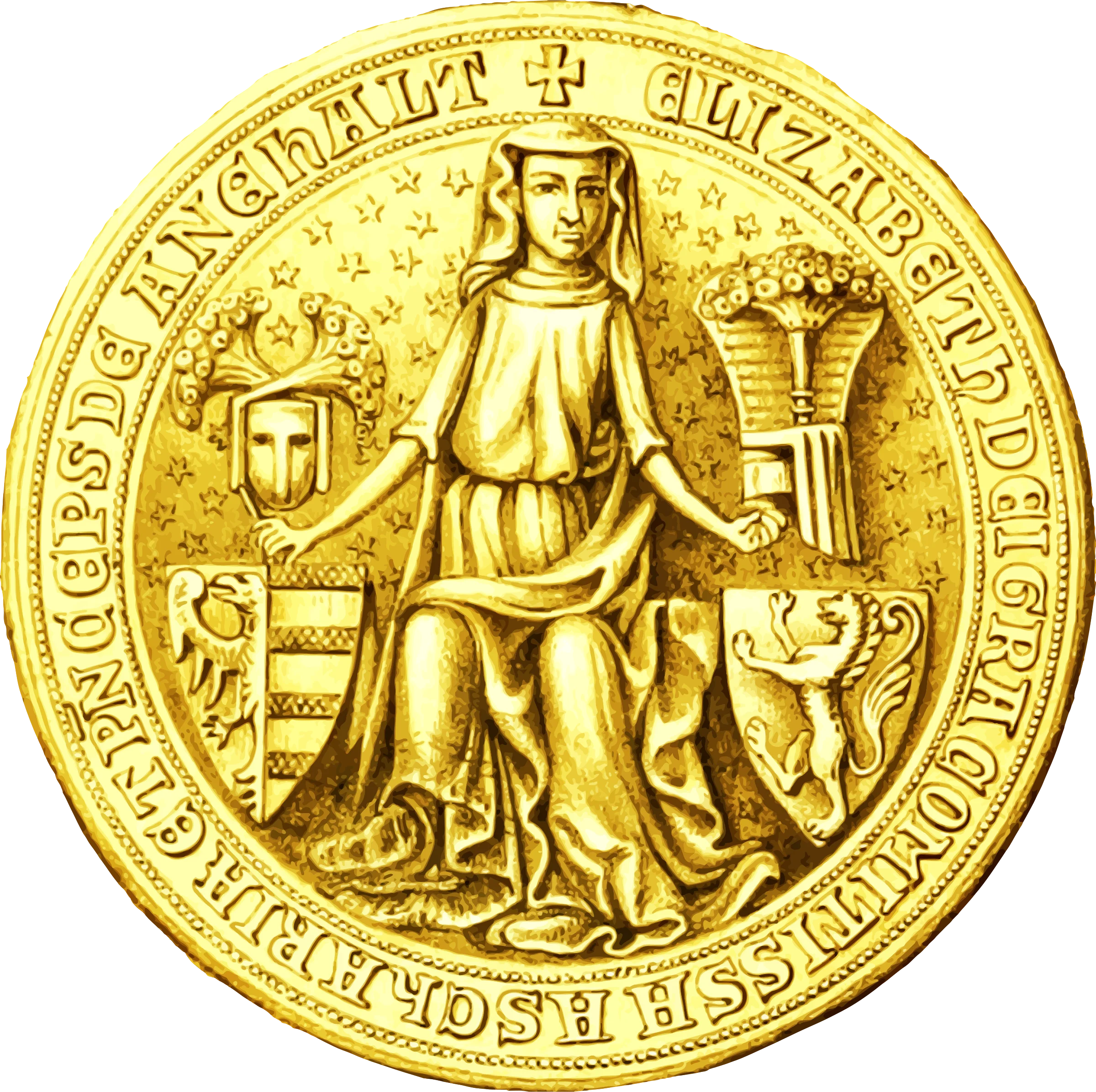Medieval Golden Royal Seal Clipart Depicting Regal Central Figure with Heraldic Shields