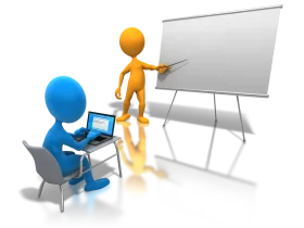 Professional Business Presentation Clipart with Dynamic Figures and Laptop Workspace