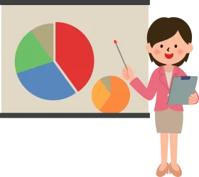 Professional Female Presenter Showcasing Colorful Pie Chart Clipart Visualization