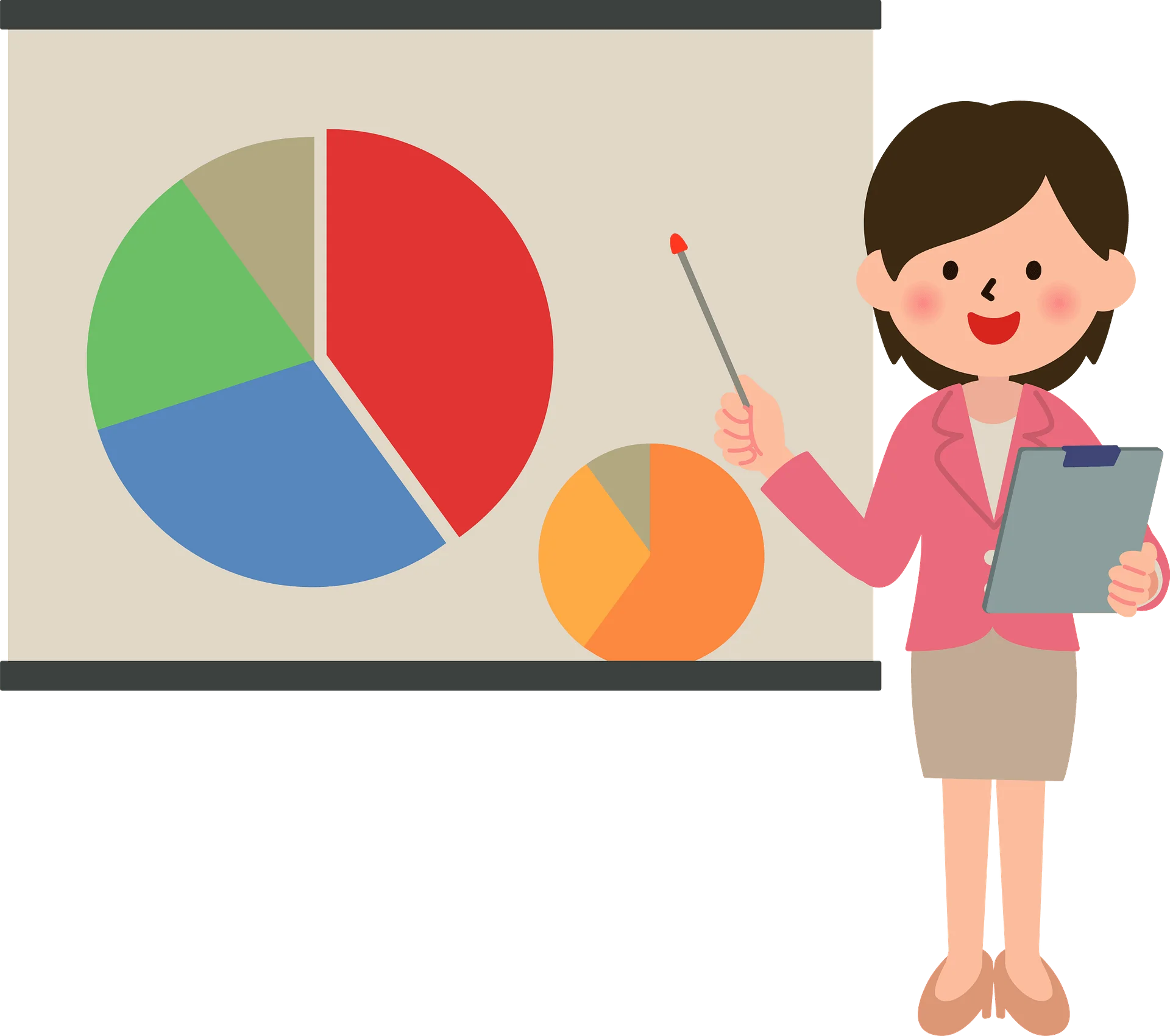 Professional Female Presenter Showcasing Colorful Pie Chart Clipart Visualization