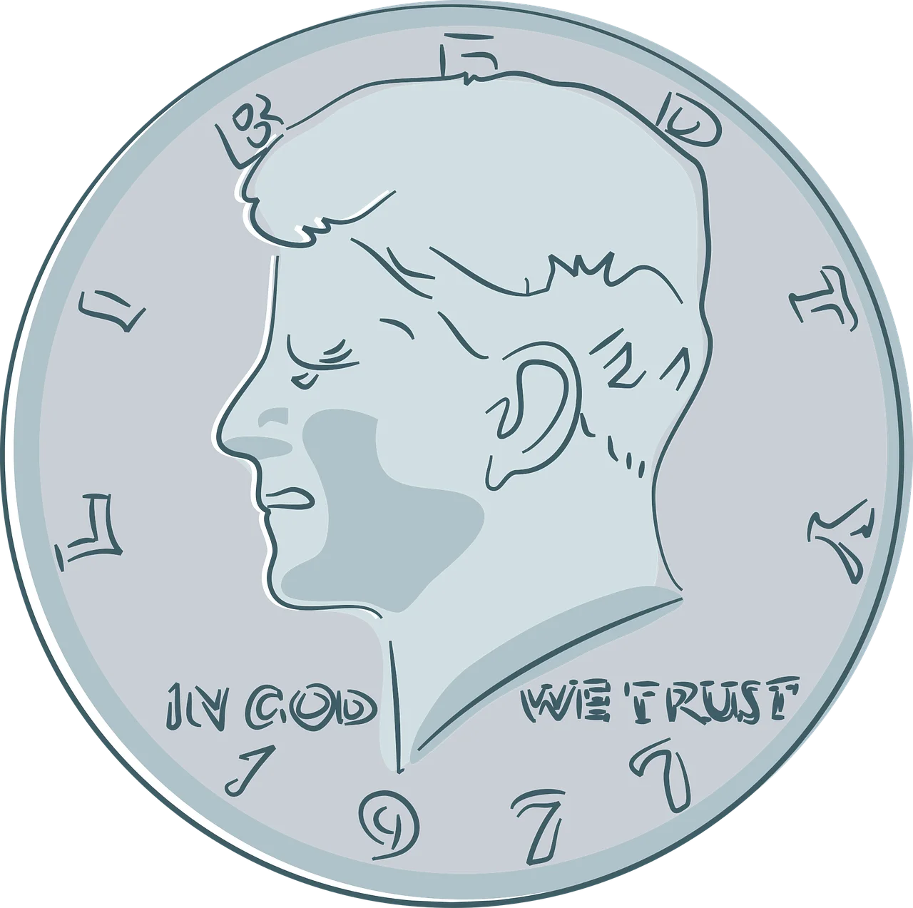 Vintage Kennedy Half Dollar Coin Clipart Illustration with Metallic Finish