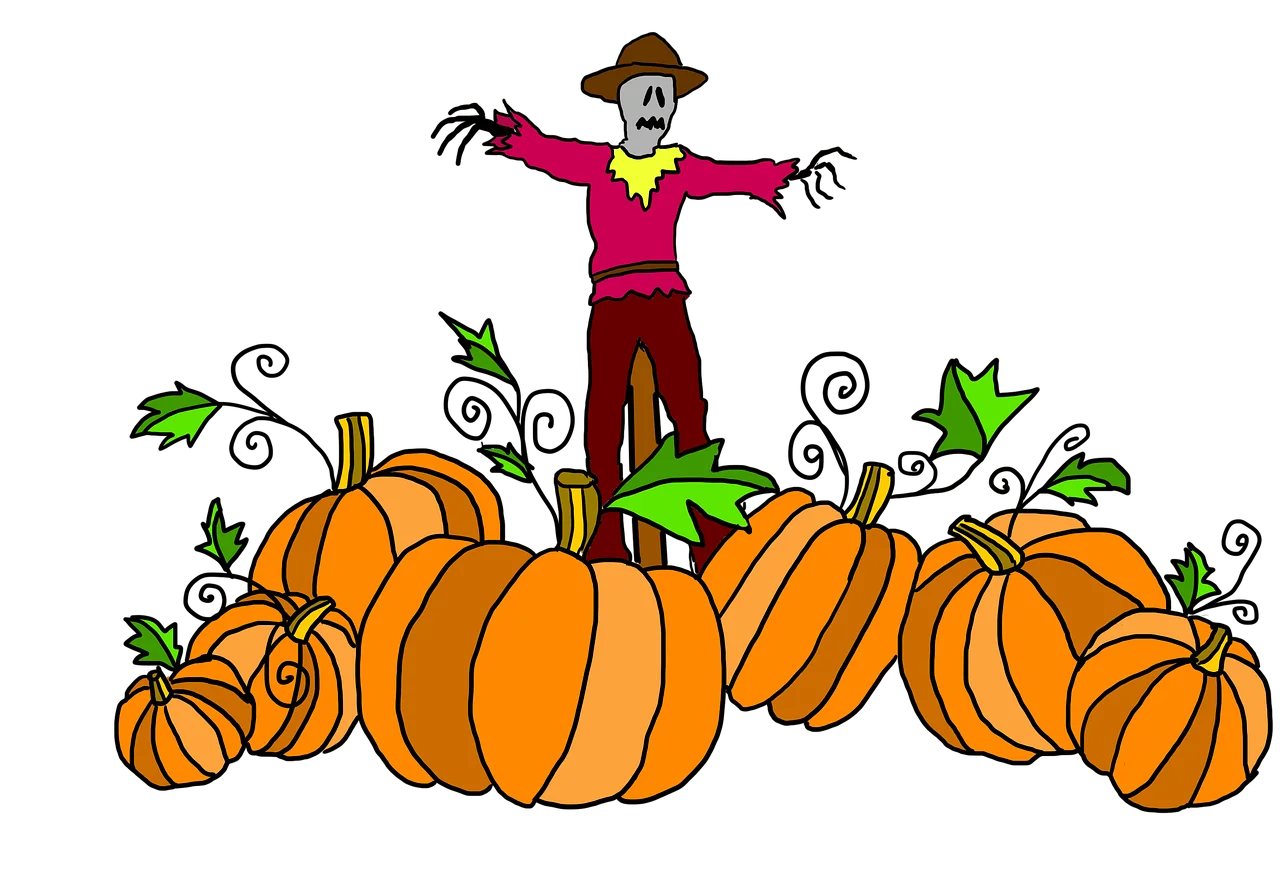 Whimsical Autumn Harvest Scarecrow Standing Tall in Pumpkin Patch Clipart Illustration
