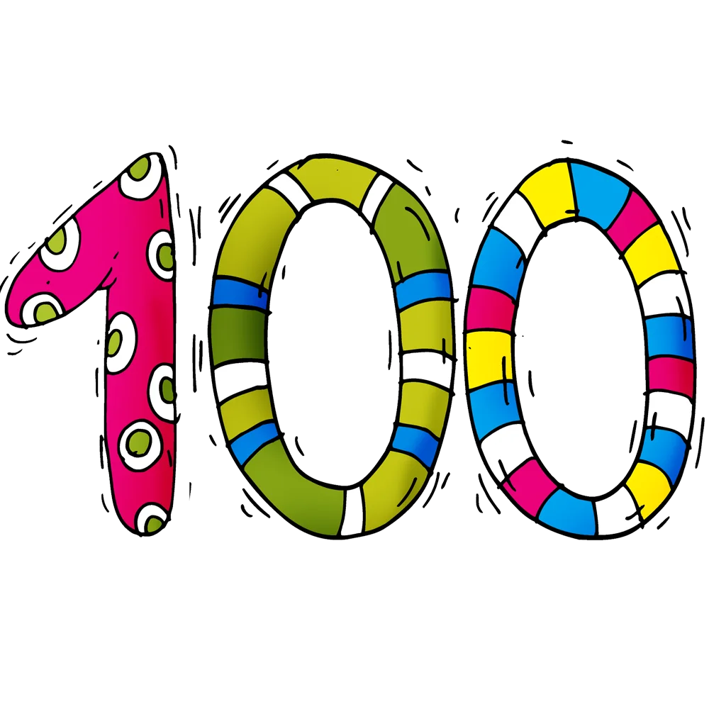 Colorful and Whimsical 100 Numeric Clipart Design with Playful Pattern Style