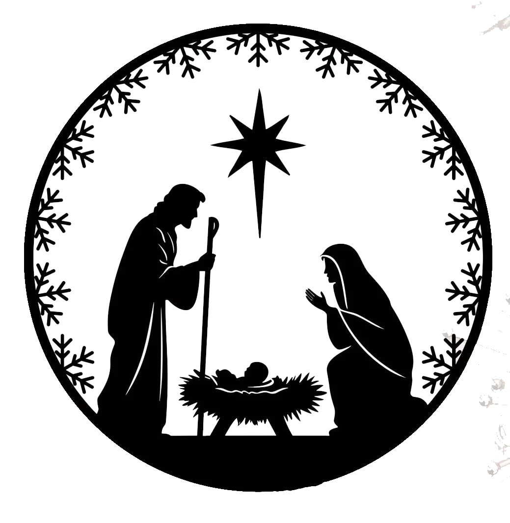 Elegant Black and White Christmas Nativity Scene Silhouette Clipart Design