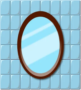 Elegant Oval Mirror Clipart with Wooden Frame on Soft Blue Tiled Background