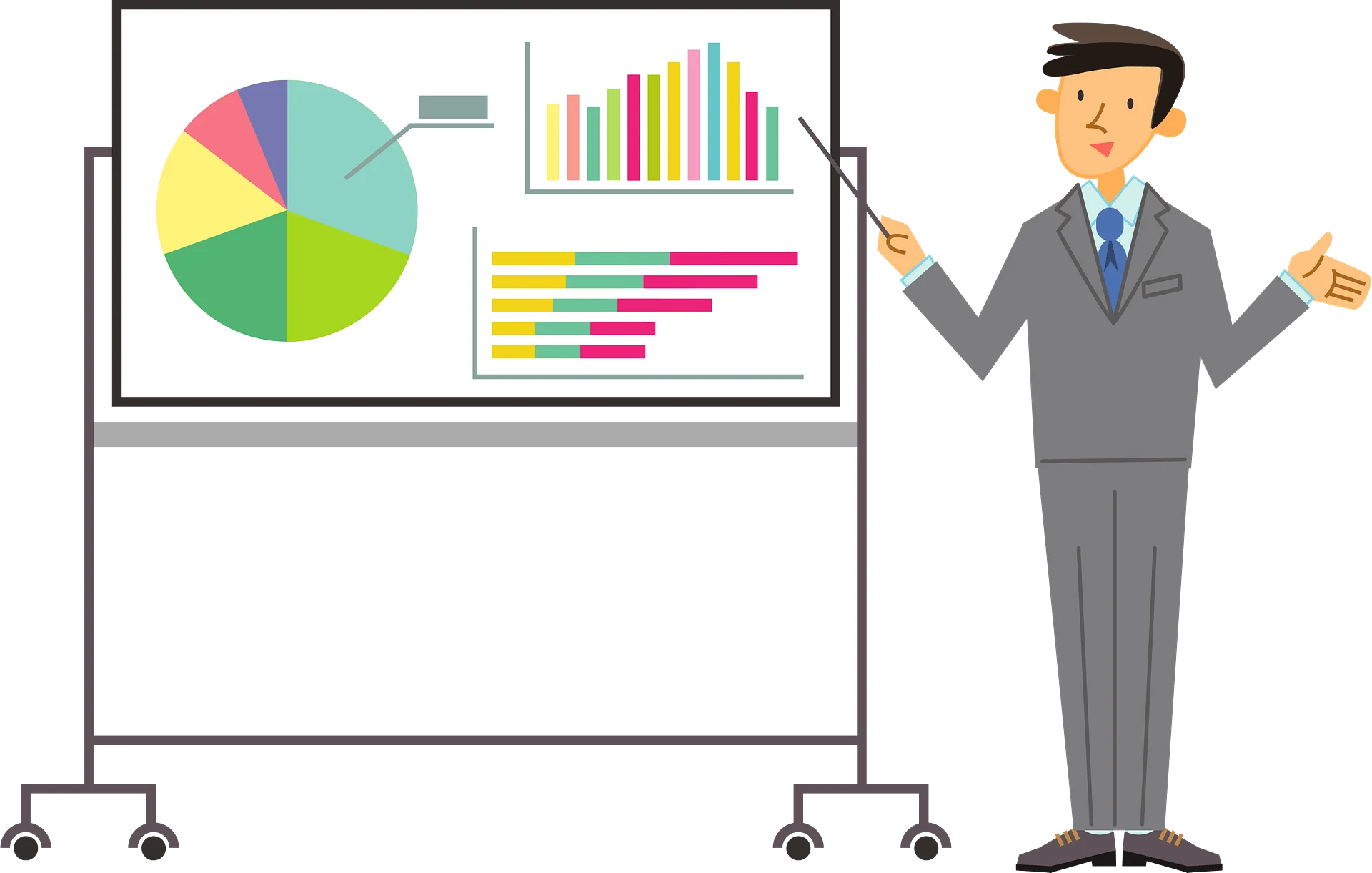 Professional Business Presenter Demonstrating Analytics and Pie Chart Clipart Visualization