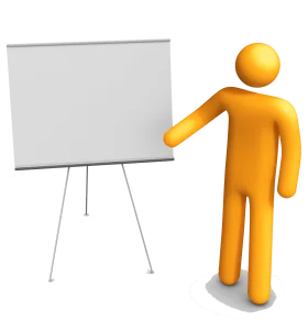 Professional Yellow Stick Figure Presenting on Blank Whiteboard Clipart Illustration