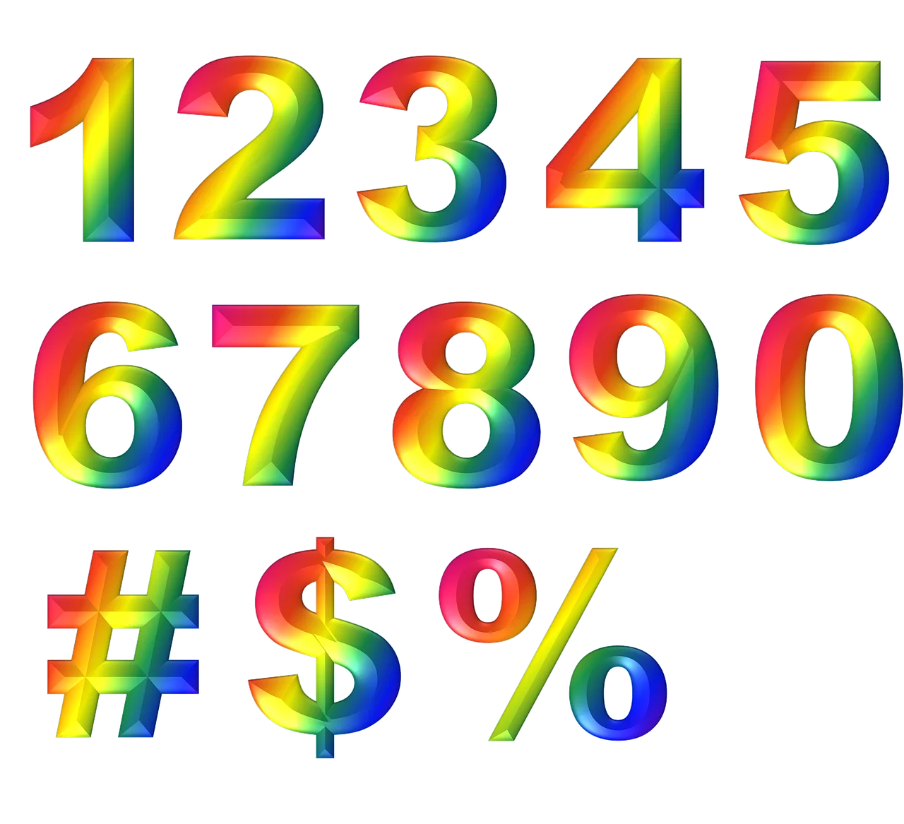 Rainbow-Colored Numeric Clipart: Gradient Numbers and Symbols in Playful Design