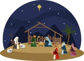 Serene Christmas Nativity Scene Clipart: Starlit Stable with Holy Family and Wise Men