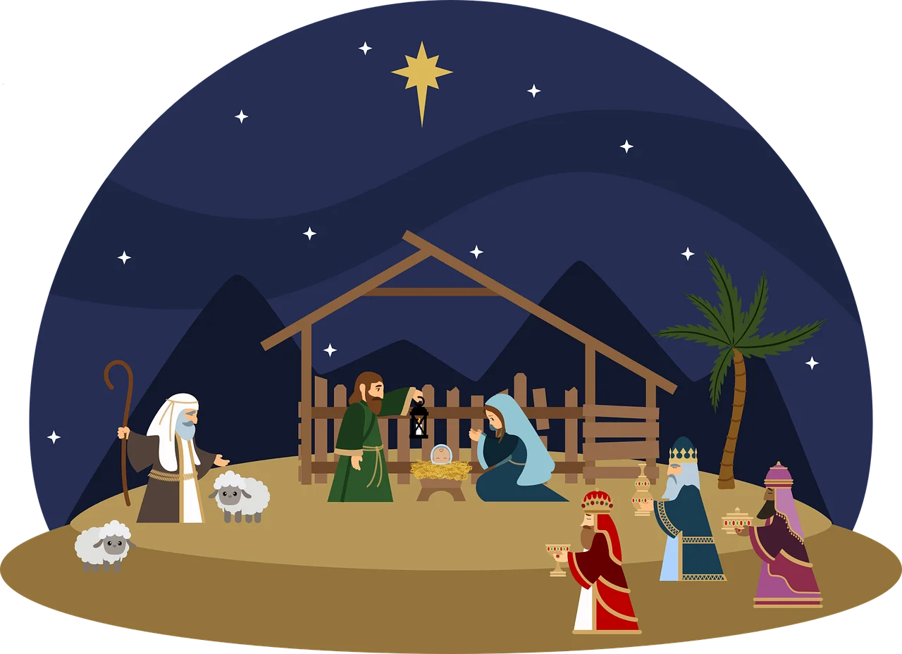 Serene Christmas Nativity Scene Clipart: Starlit Stable with Holy Family and Wise Men