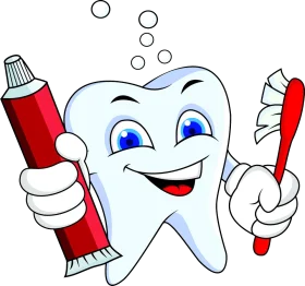Cheerful Cartoon Tooth Character Holding Toothbrush and Toothpaste Dental Clipart