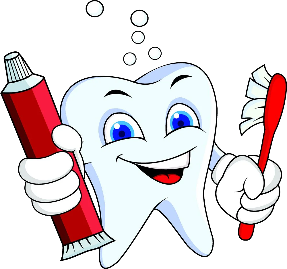 Cheerful Cartoon Tooth Character Holding Toothbrush and Toothpaste Dental Clipart