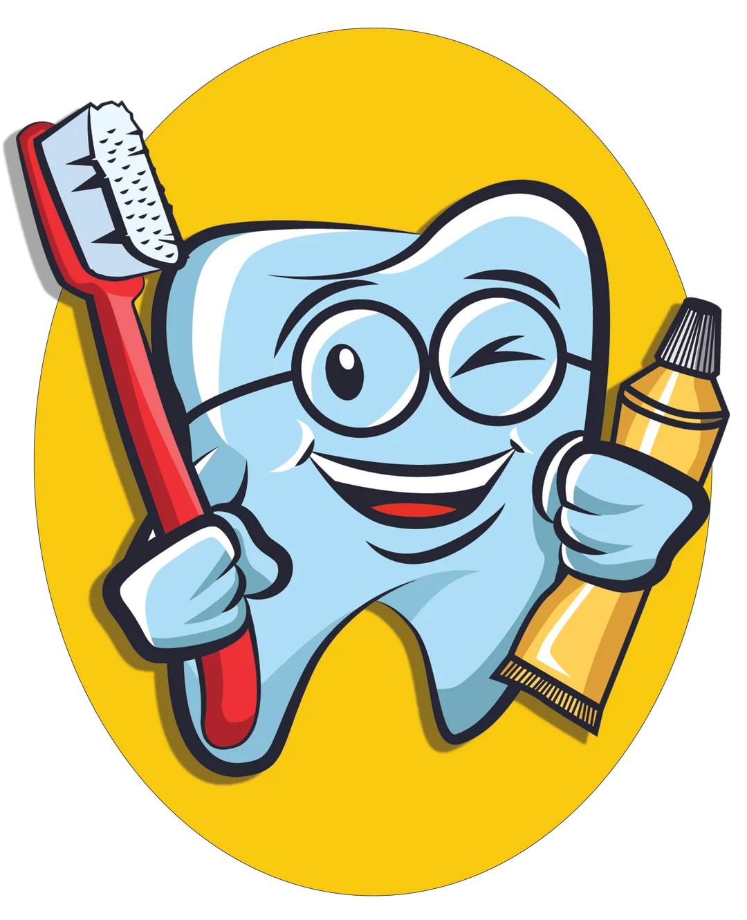 Cheerful Cartoon Tooth Mascot with Toothbrush and Toothpaste Dental Clipart Design