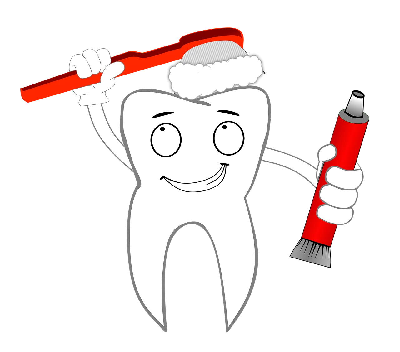 Cheerful Tooth Character Embracing Dental Hygiene with Toothbrush and Toothpaste Clipart