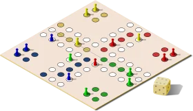 Classic Wooden Ludo Board Game Clipart with Colorful Playing Pieces and Dice