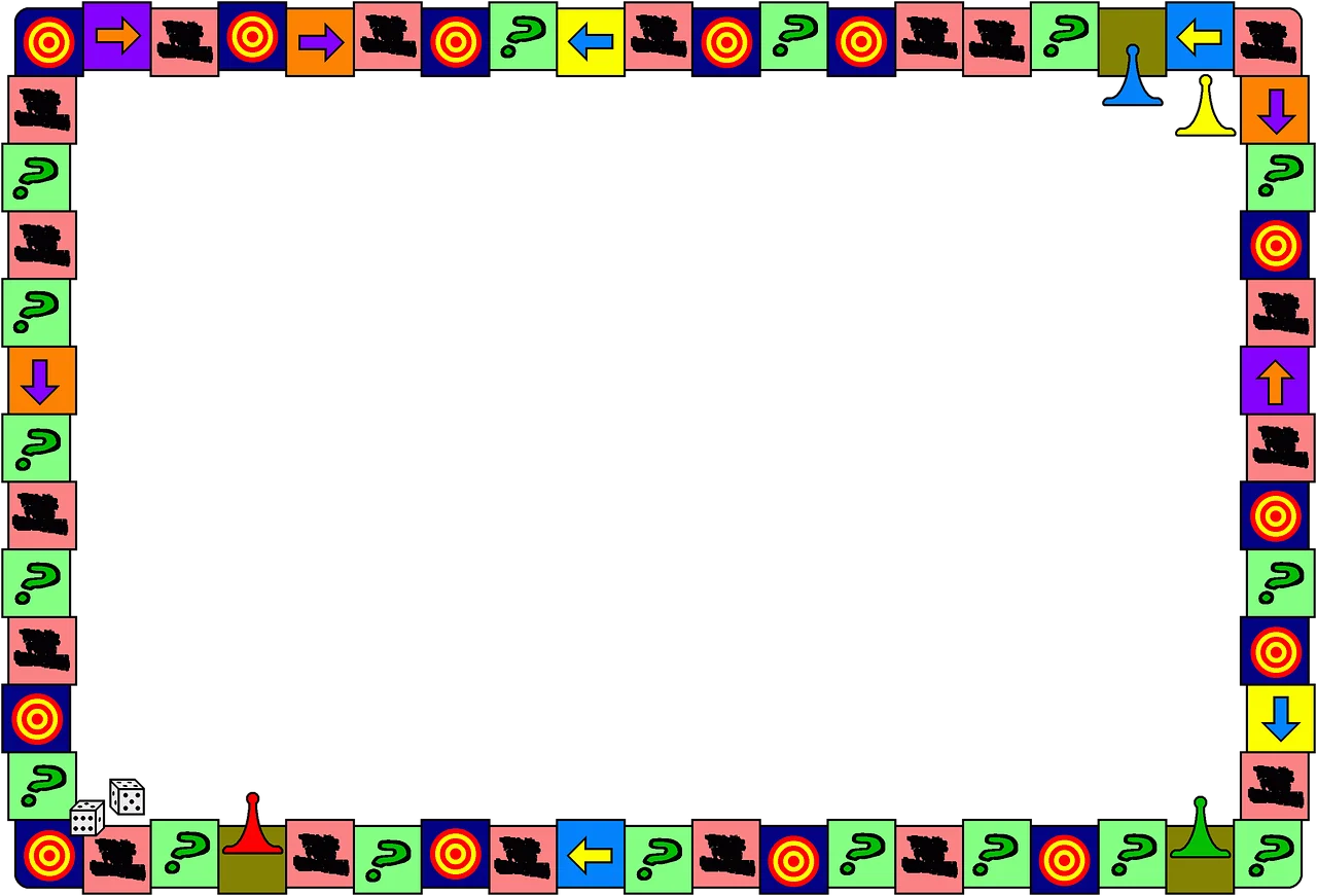 Colorful Checkered Board Game Frame Clipart with Playful Icons and Patterns