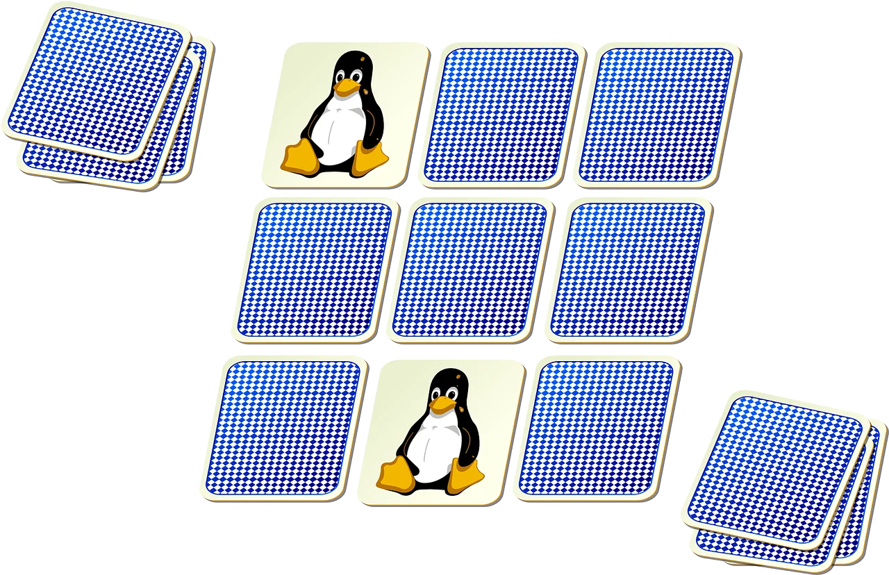 Memory Match Game Clipart with Linux Penguin Mascot on Blue Checkered Cards