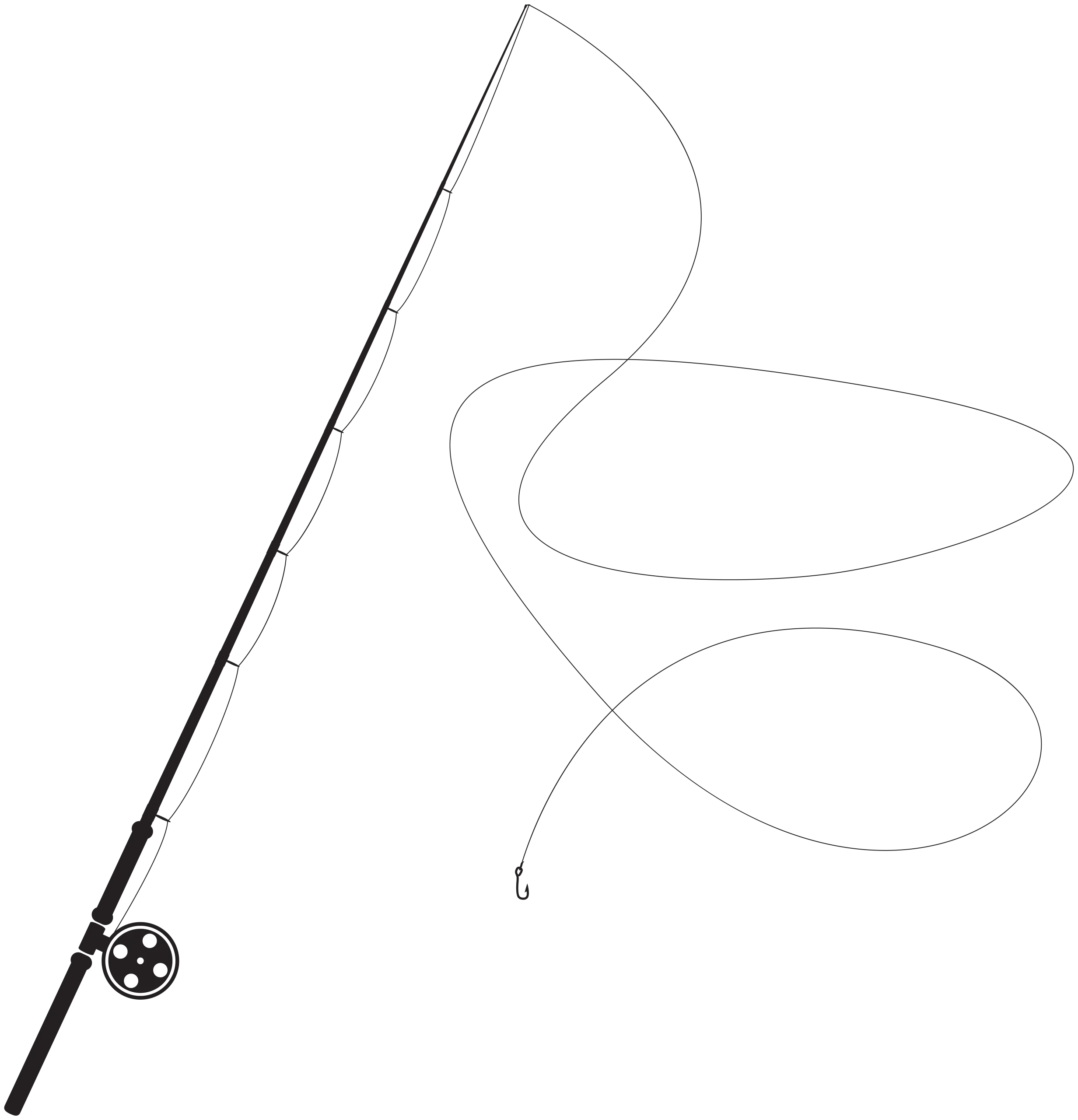 Minimalist Black and White Fishing Pole Clipart with Curved Line Design