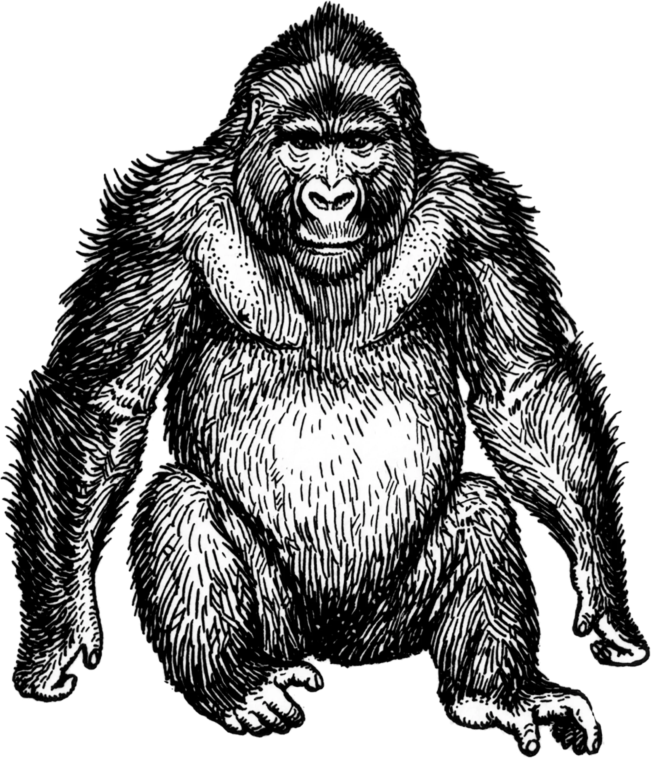 Monochrome Detailed Gorilla Clipart Illustration with Textured Fur and Muscular Build