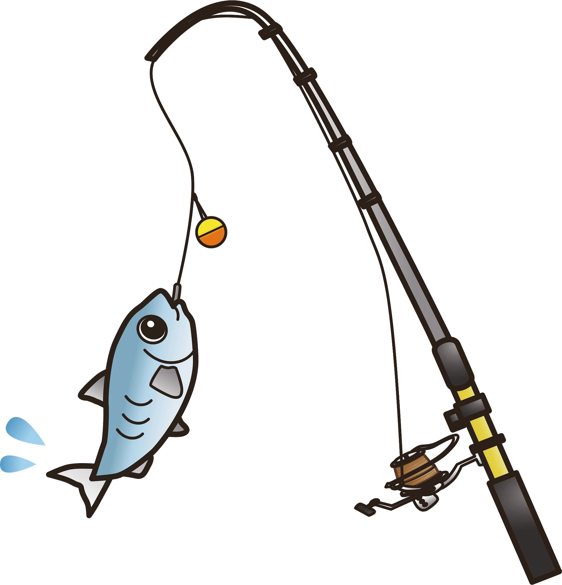 Playful Cartoon Fishing Scene with Hooked Fish and Fishing Rod Clipart Illustration