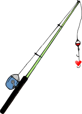 Sleek Green and Black Fishing Pole Clipart with Reel and Heart-Shaped Lure
