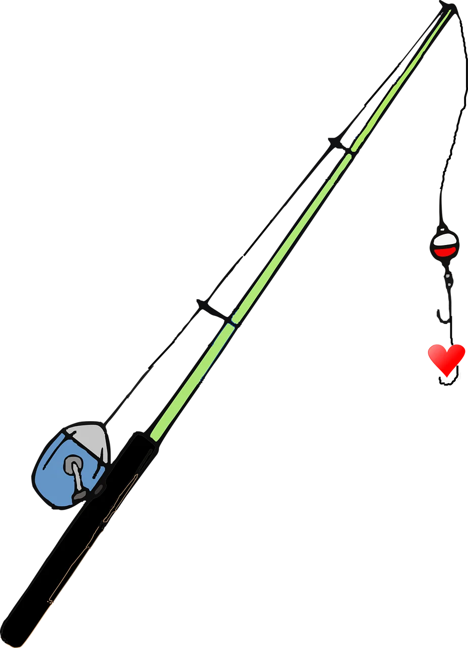 Sleek Green and Black Fishing Pole Clipart with Reel and Heart-Shaped Lure