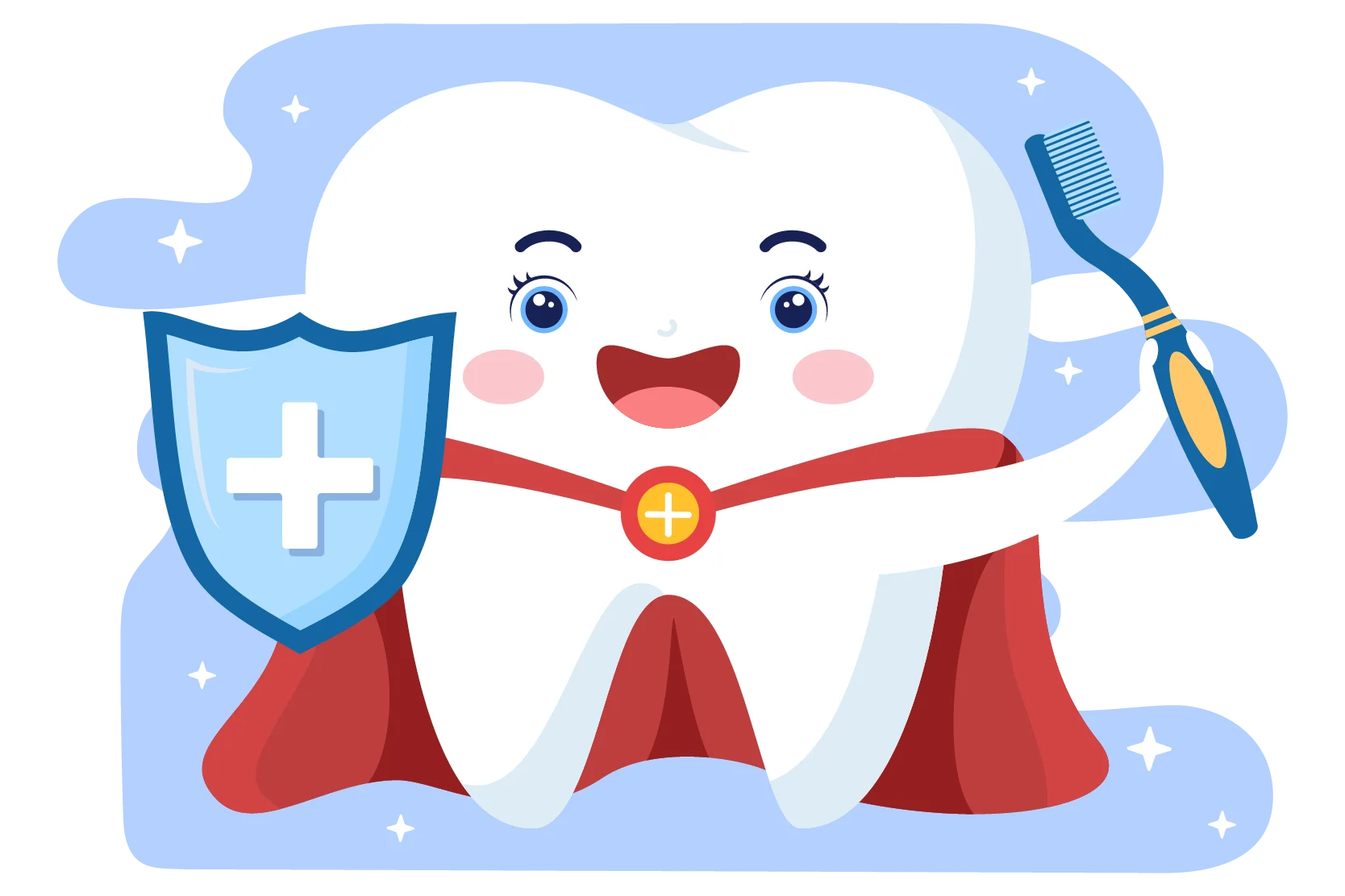 Superhero Tooth Defender: Cartoon Dental Health Clipart with Protective Shield