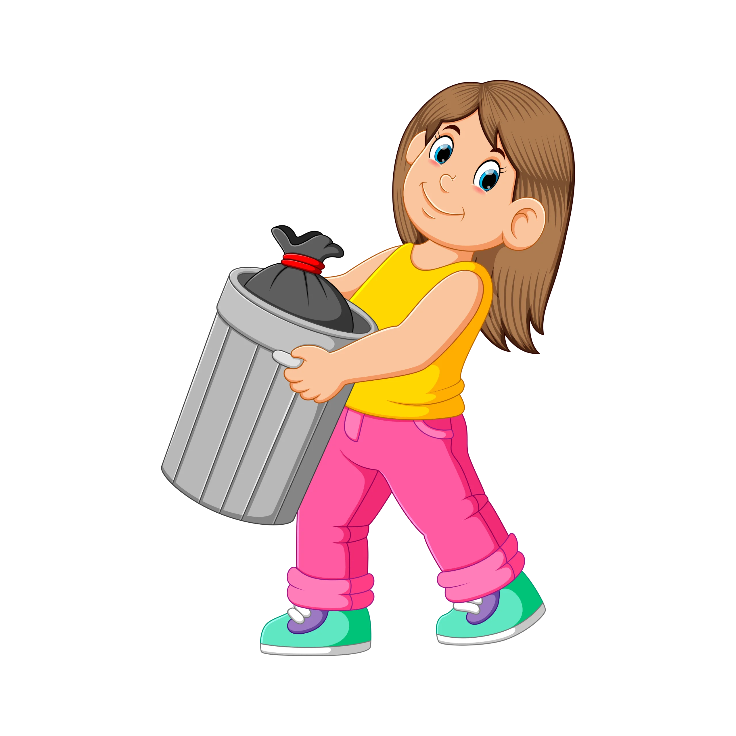 Cartoon Girl Carrying Garbage Bin Clipart - Helping with Household Chores