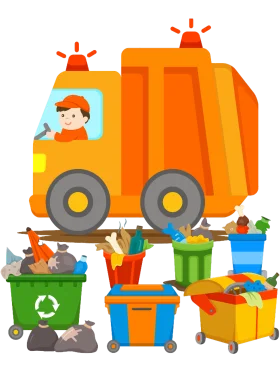 Cheerful Garbage Truck and Colorful Recycling Bins Cartoon Clipart Illustration