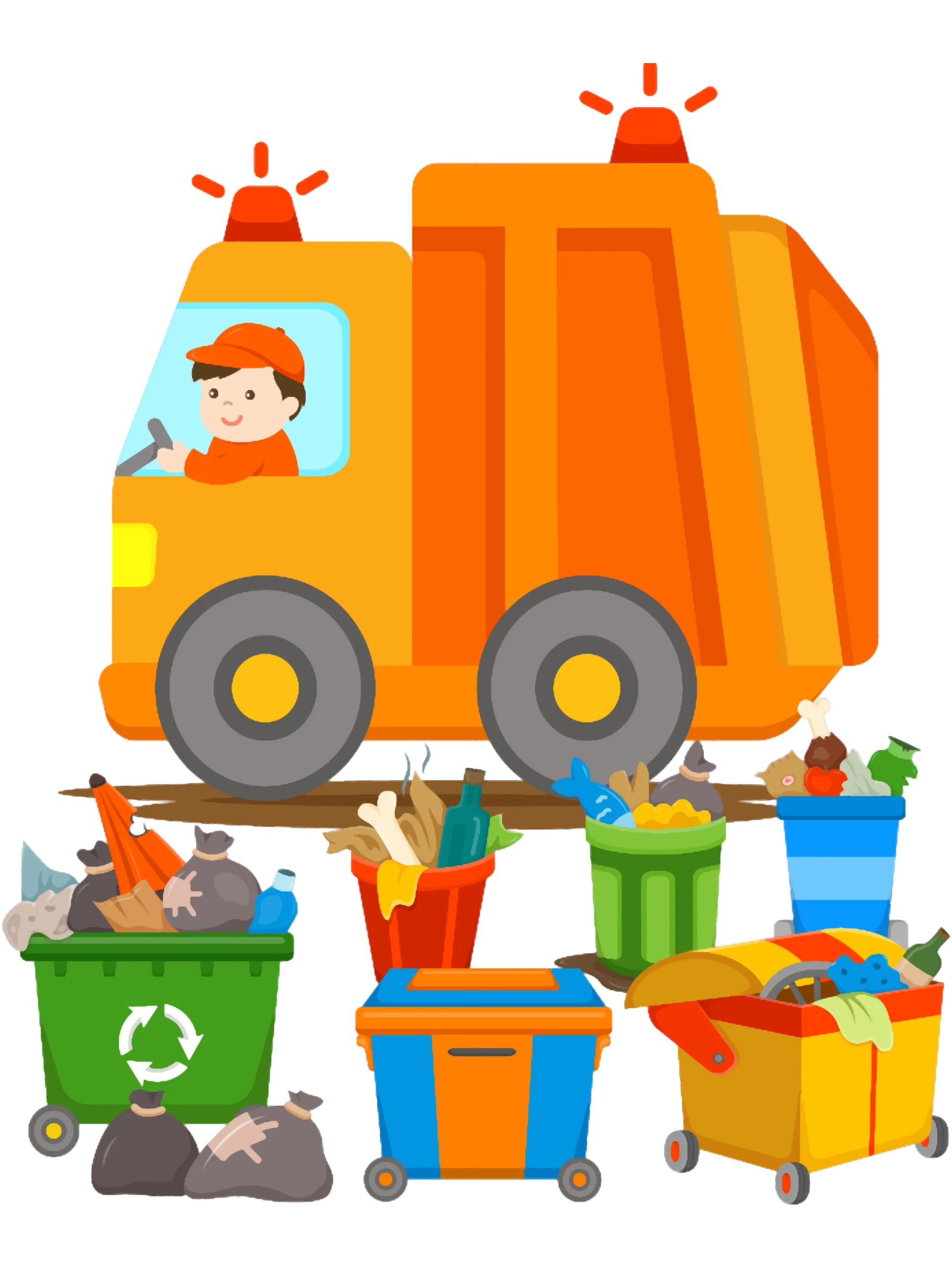 Cheerful Garbage Truck and Colorful Recycling Bins Cartoon Clipart Illustration