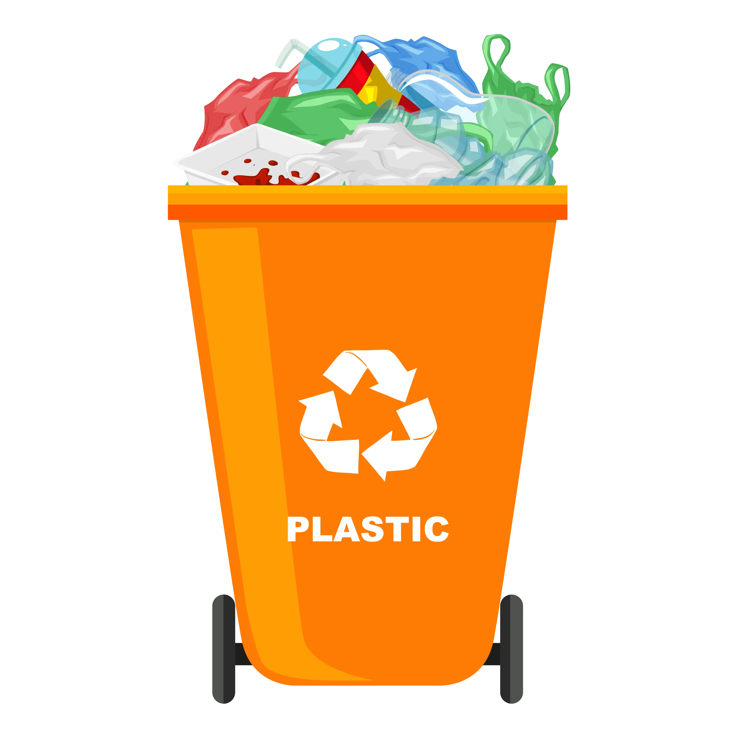 Eco-Friendly Orange Plastic Recycling Bin Overflowing with Colorful Recyclable Clipart