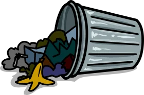 Overturned Metal Trash Can Clipart with Scattered Garbage and Banana Peel