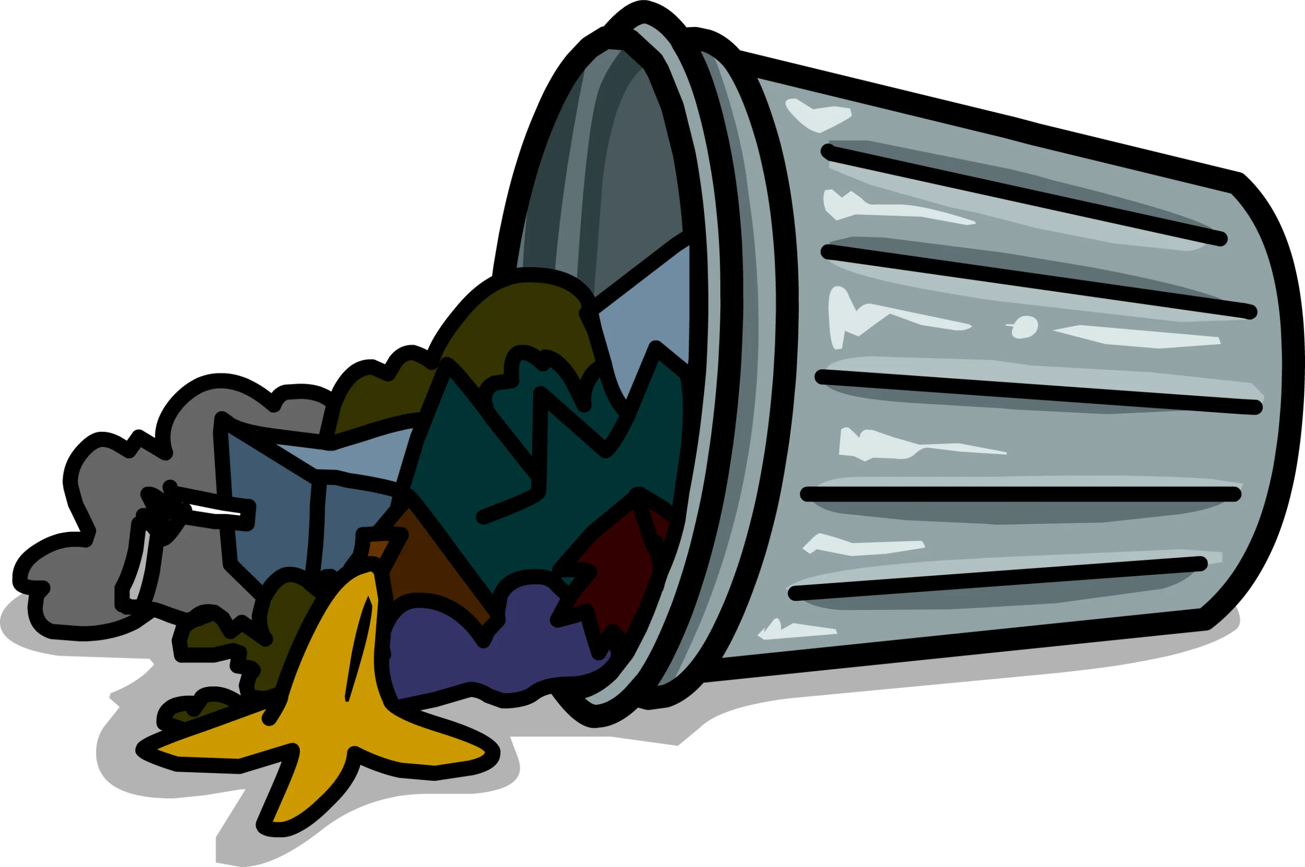 Overturned Metal Trash Can Clipart with Scattered Garbage and Banana Peel