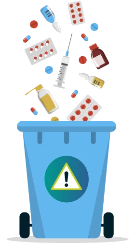 Safe Disposal of Medical Waste: Healthcare Supplies Falling into Hazardous Waste Bin Clipart