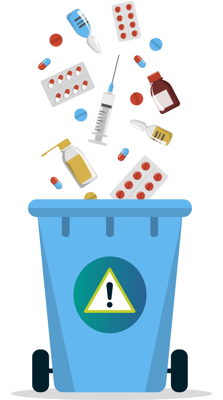 Safe Disposal of Medical Waste: Healthcare Supplies Falling into Hazardous Waste Bin Clipart