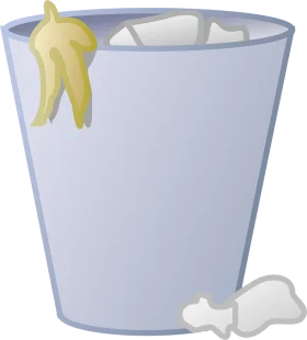 Simple Light Blue Trash Bin Clipart with Discarded Paper and Banana Peel