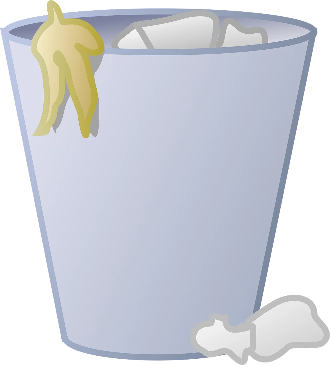 Simple Light Blue Trash Bin Clipart with Discarded Paper and Banana Peel