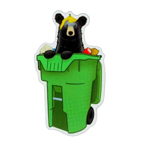 Whimsical Black Bear Rummaging in Green Trash Bin Cartoon Clipart Illustration