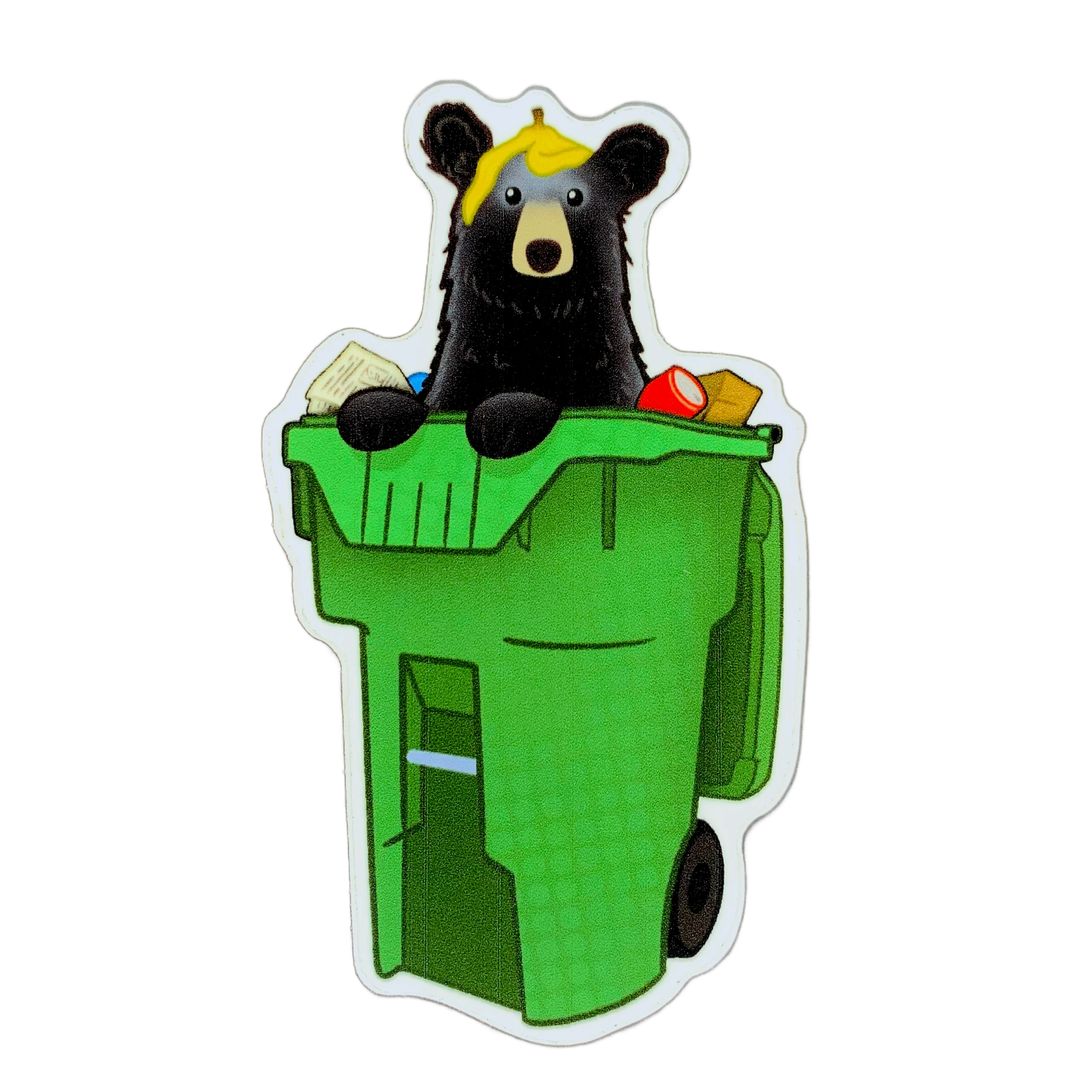 Whimsical Black Bear Rummaging in Green Trash Bin Cartoon Clipart Illustration