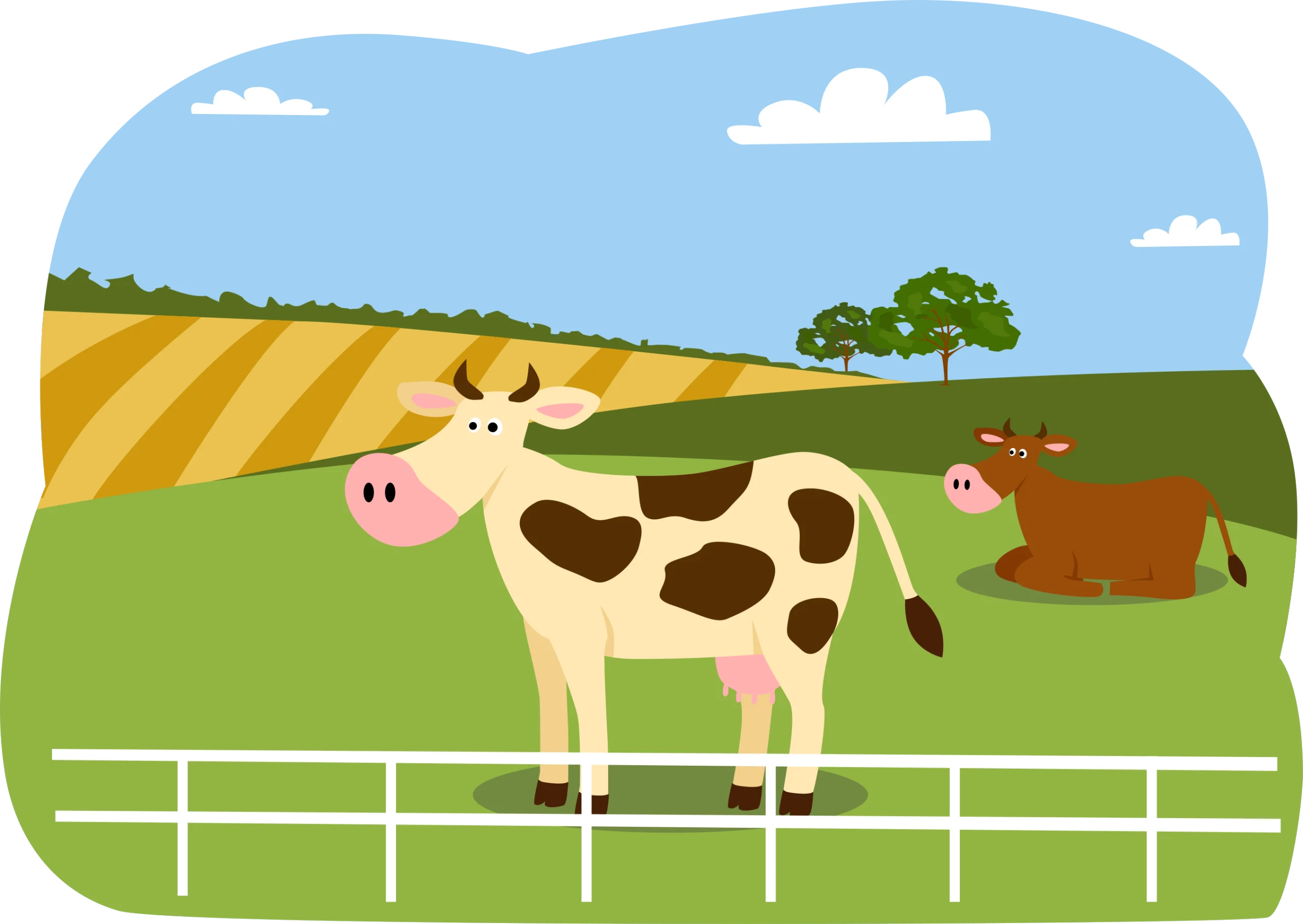 Charming Countryside Animation: Peaceful Dairy Cows Grazing on Pastoral Farmland