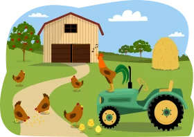 Cheerful Farm Life Animation: Pastoral Scene with Chickens and Tractor