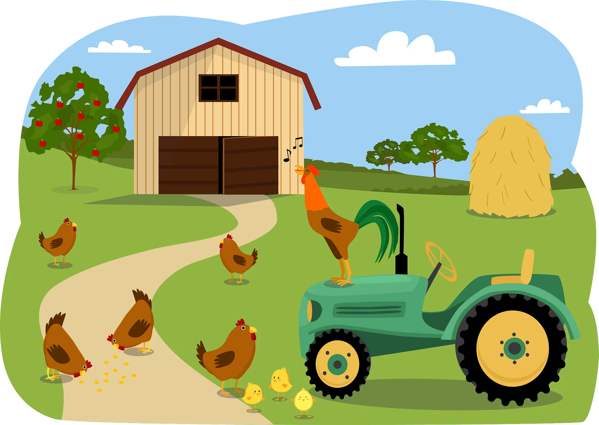 Cheerful Farm Life Animation: Pastoral Scene with Chickens and Tractor