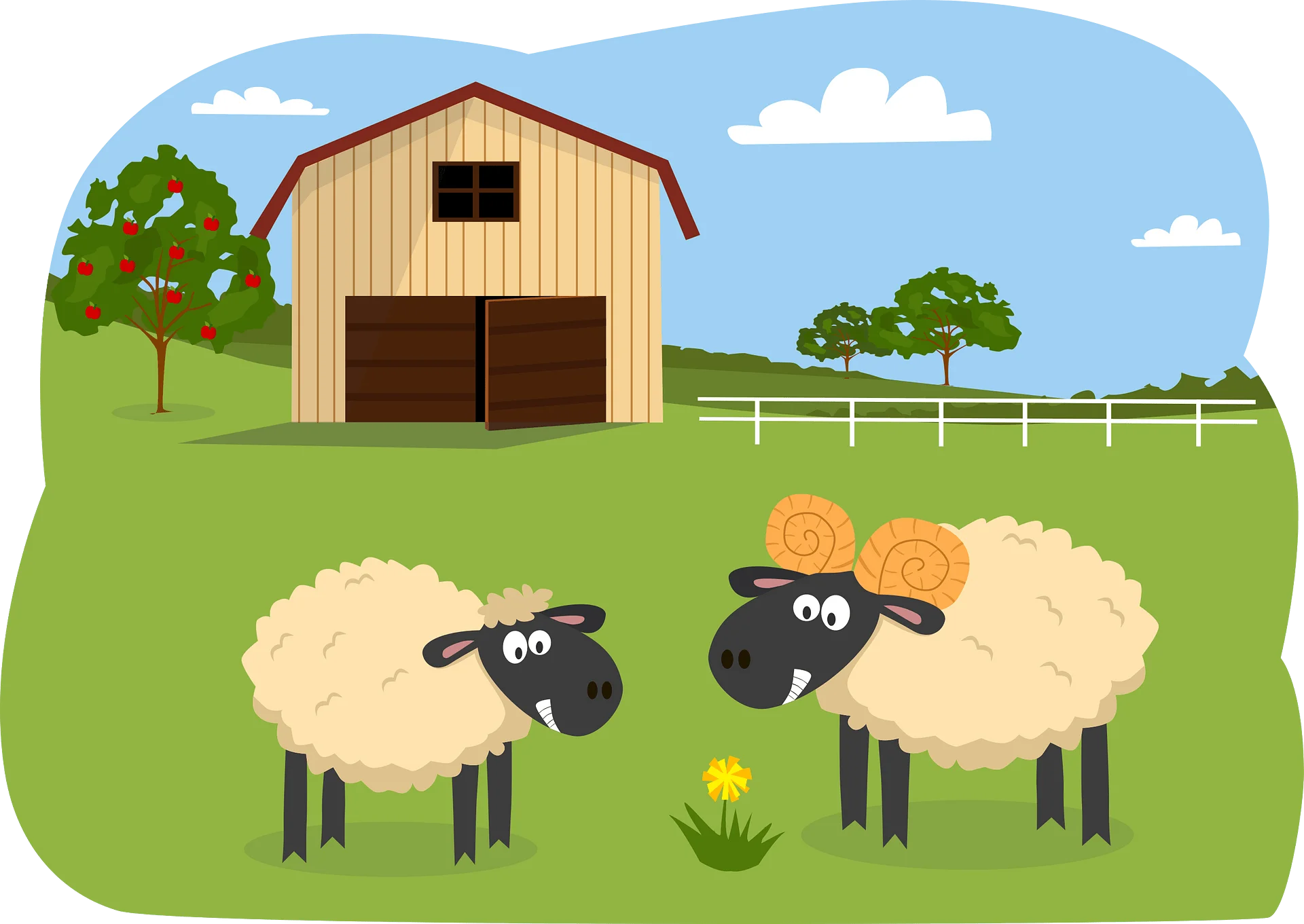 Peaceful Farm Scene with Playful Sheep - Charming Animation Landscape