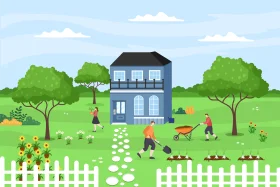 Serene Farmhouse Animation: Peaceful Garden Scene with Playful Activities