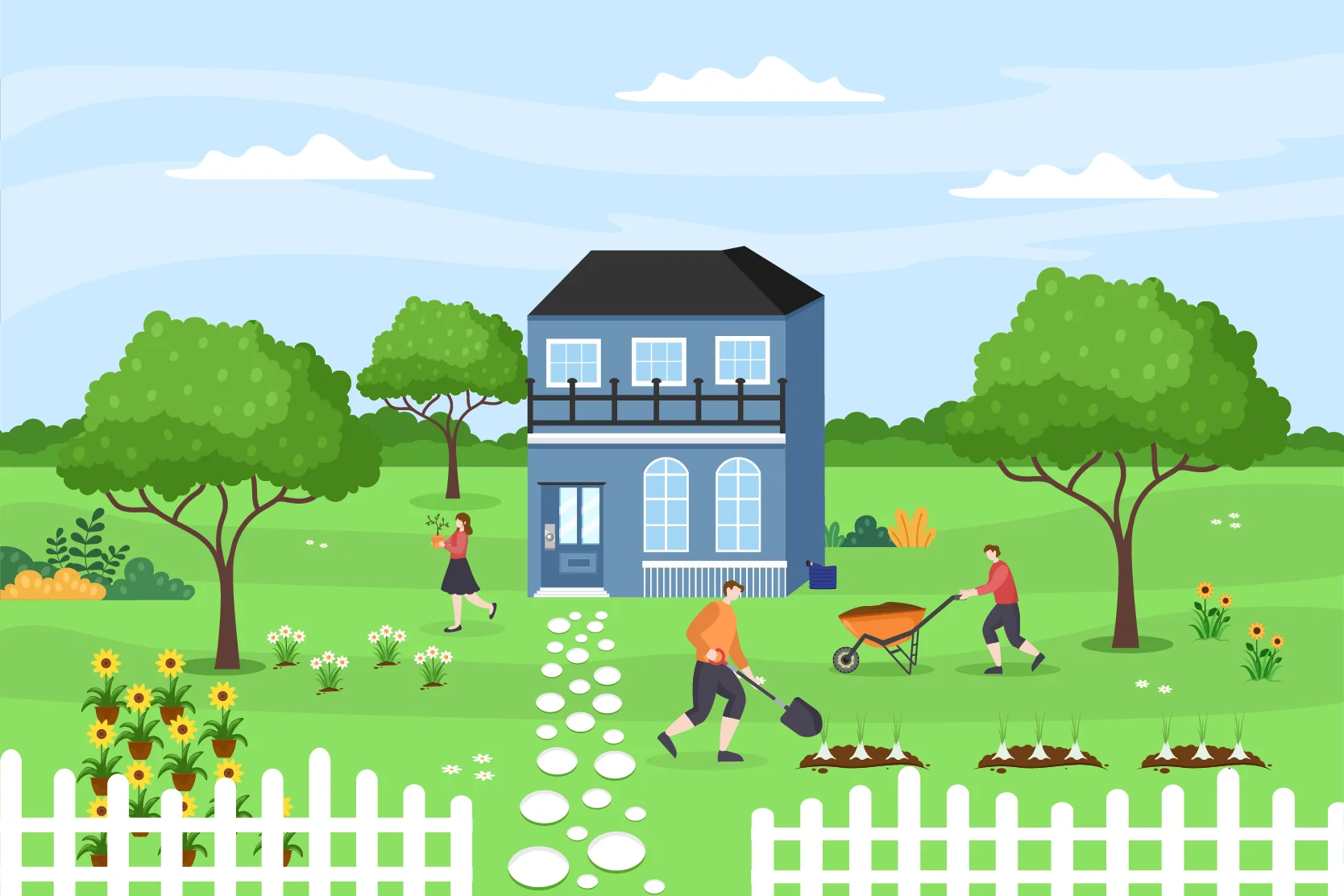 Serene Farmhouse Animation: Peaceful Garden Scene with Playful Activities