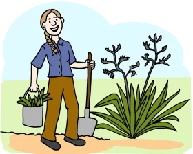 Cheerful Animation of a Gardener Preparing to Plant with Garden Tools and Yucca Plant