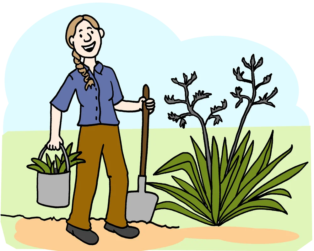 Cheerful Animation of a Gardener Preparing to Plant with Garden Tools and Yucca Plant