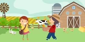 Cheerful Farm Life Animation: Children Exploring Rural Countryside Landscape